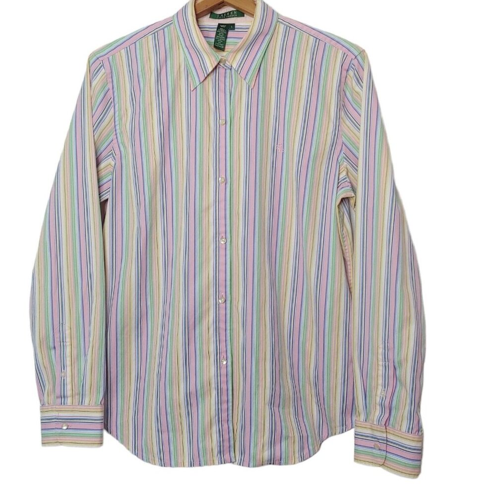 Lauren Ralph Lauren Women's L Blouse Striped Pastel Long Slv Green Label Buttons